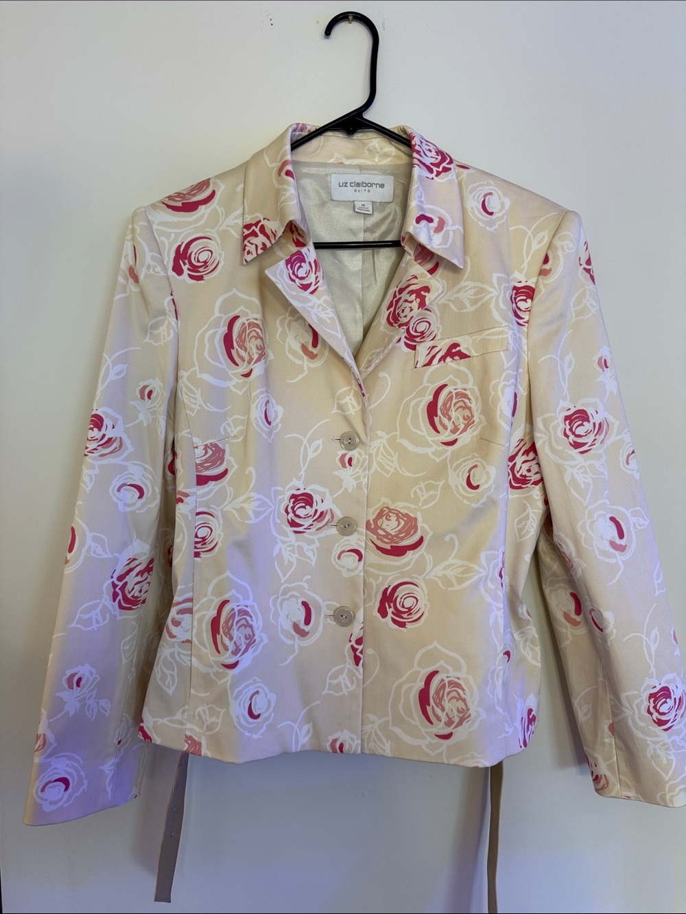Liz Claiborne Beige Blazer with Pink Floral Print. Vintage